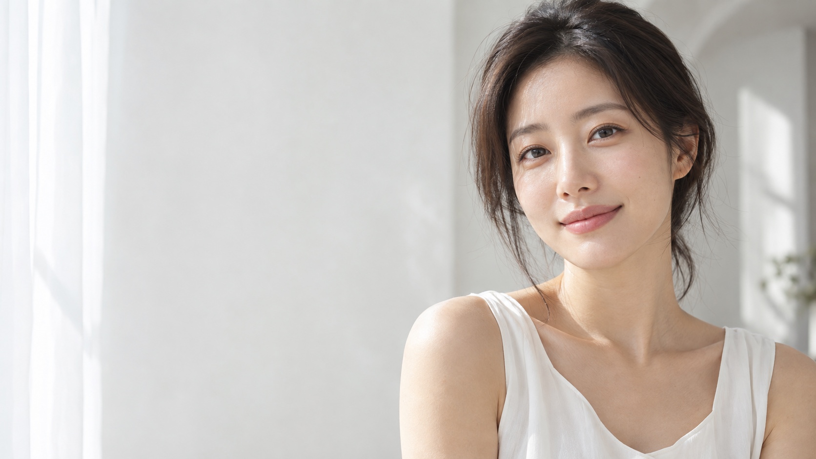 화이트 공간에서 자연스러운 피부결을 보여주는 한국인 성인 여성의 브랜드 화보 · AI 생성 이미지