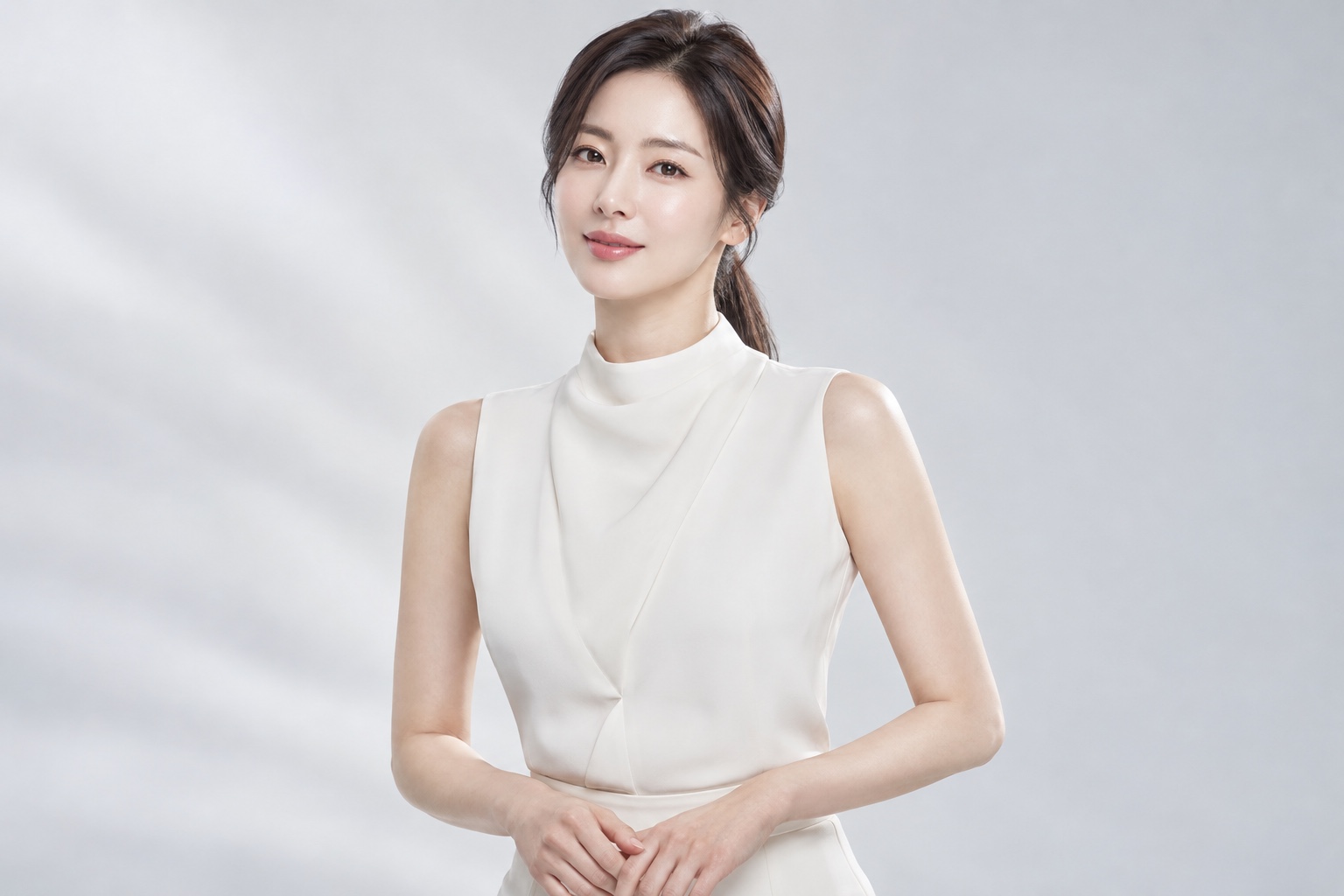 화이트 톤의 한국인 성인 여성 뷰티 화보 · AI 생성 브랜드 이미지