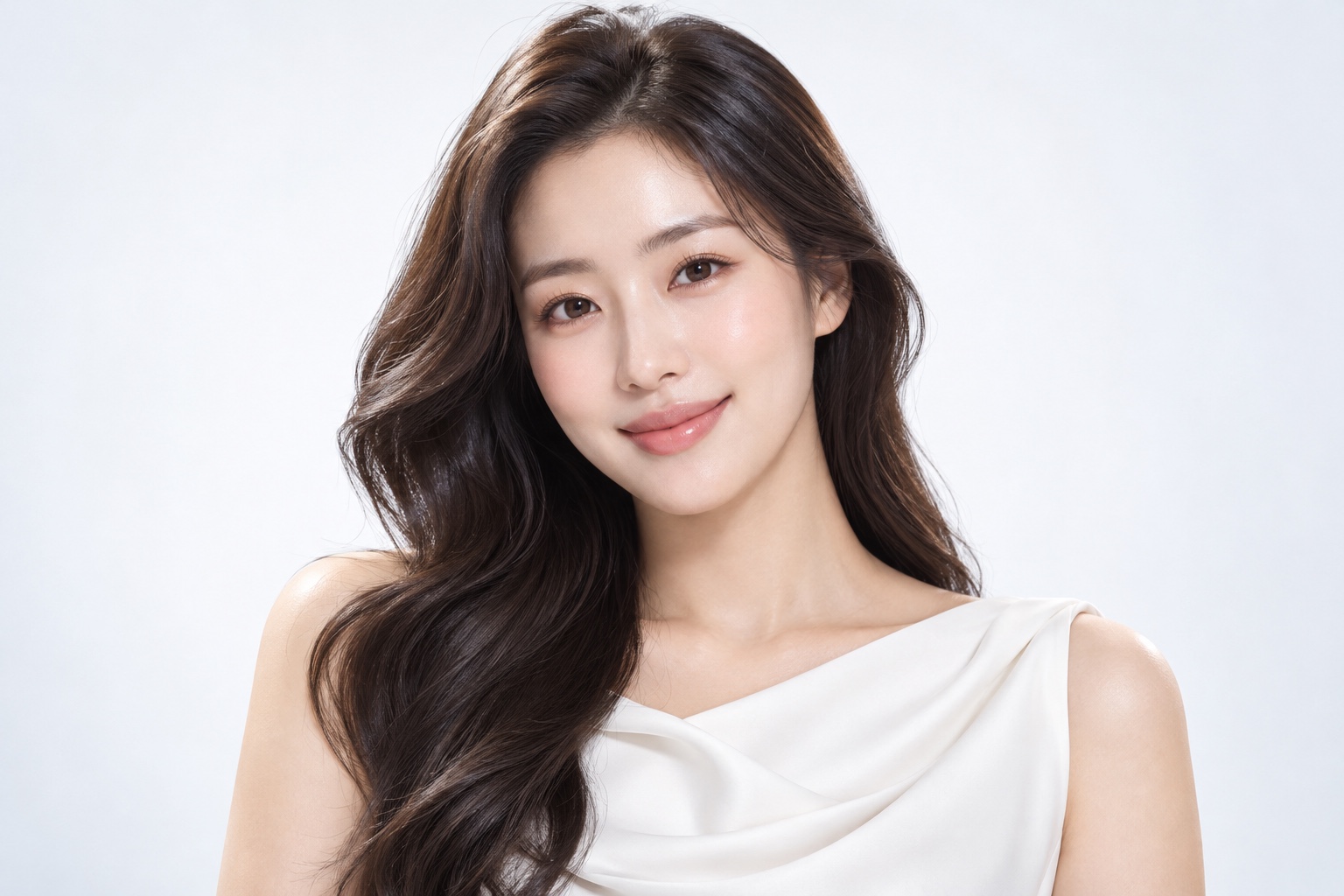 화이트 톤의 한국인 성인 여성 뷰티 화보 · AI 생성 브랜드 이미지