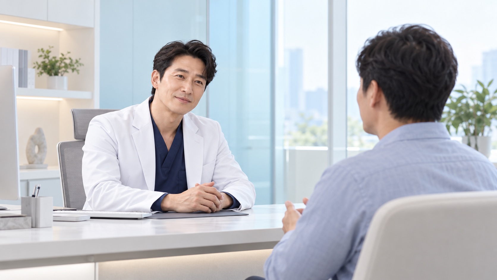 밝은 블루 톤 진료실에서 대화하는 남성 원장과 환자